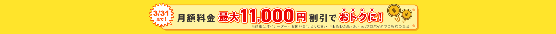 3/31まで！月額料金最大11000円割引でおトクに！※詳細はオペレーターへお問い合わせください。※BIGLOBE / So-netプロバイダでご契約の場合