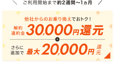 ＼大体3週間～1か月／他社からのお乗り換えでおトク！解約違約金30,000円還元