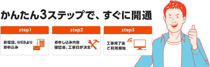 かんたん3ステップで、すぐに開通